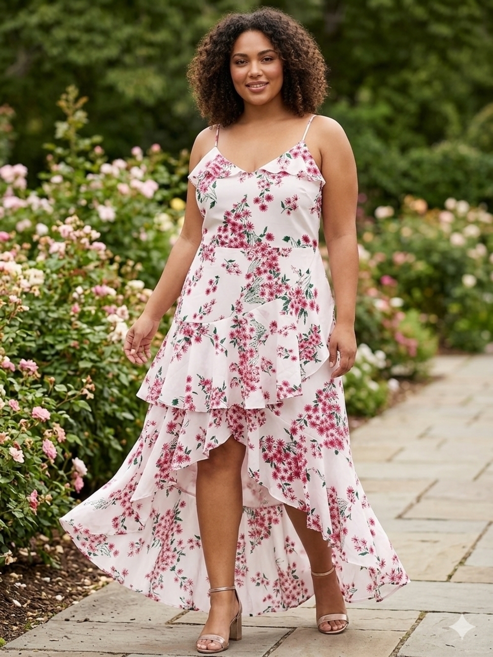 ​Boho Pink Daisy Print Asymmetrical Tiered Garden Dress Size 1X